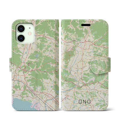 【小野（兵庫県）】地図柄iPhoneケース（手帳タイプ）ナチュラル・iPhone 12 mini 用