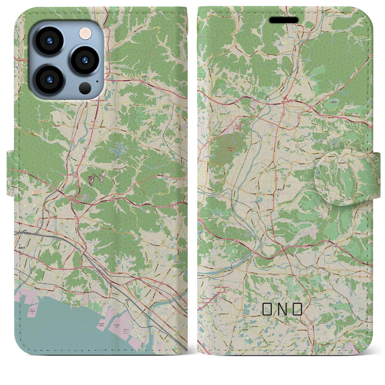 【小野】地図柄iPhoneケース（手帳両面タイプ・ナチュラル）iPhone 13 Pro Max 用