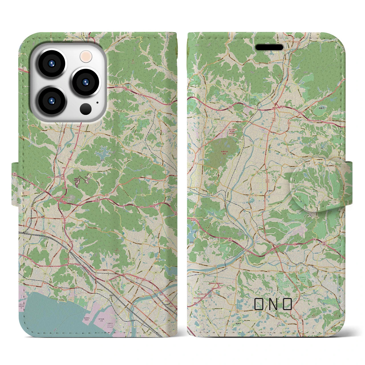 【小野】地図柄iPhoneケース（手帳両面タイプ・ナチュラル）iPhone 13 Pro 用