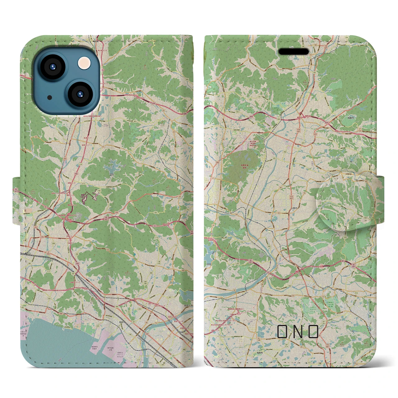 【小野】地図柄iPhoneケース（手帳両面タイプ・ナチュラル）iPhone 13 用