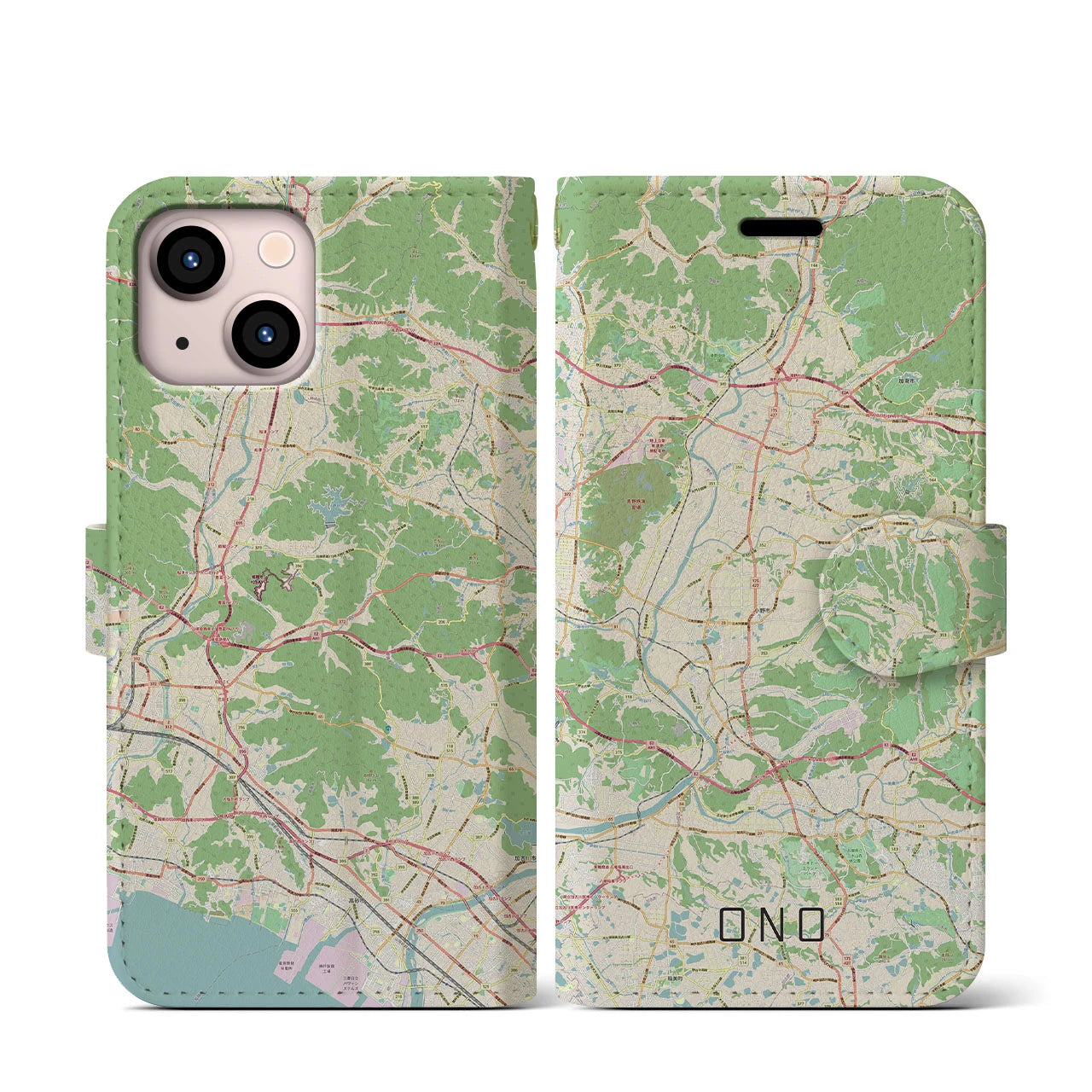 【小野】地図柄iPhoneケース（手帳両面タイプ・ナチュラル）iPhone 13 mini 用