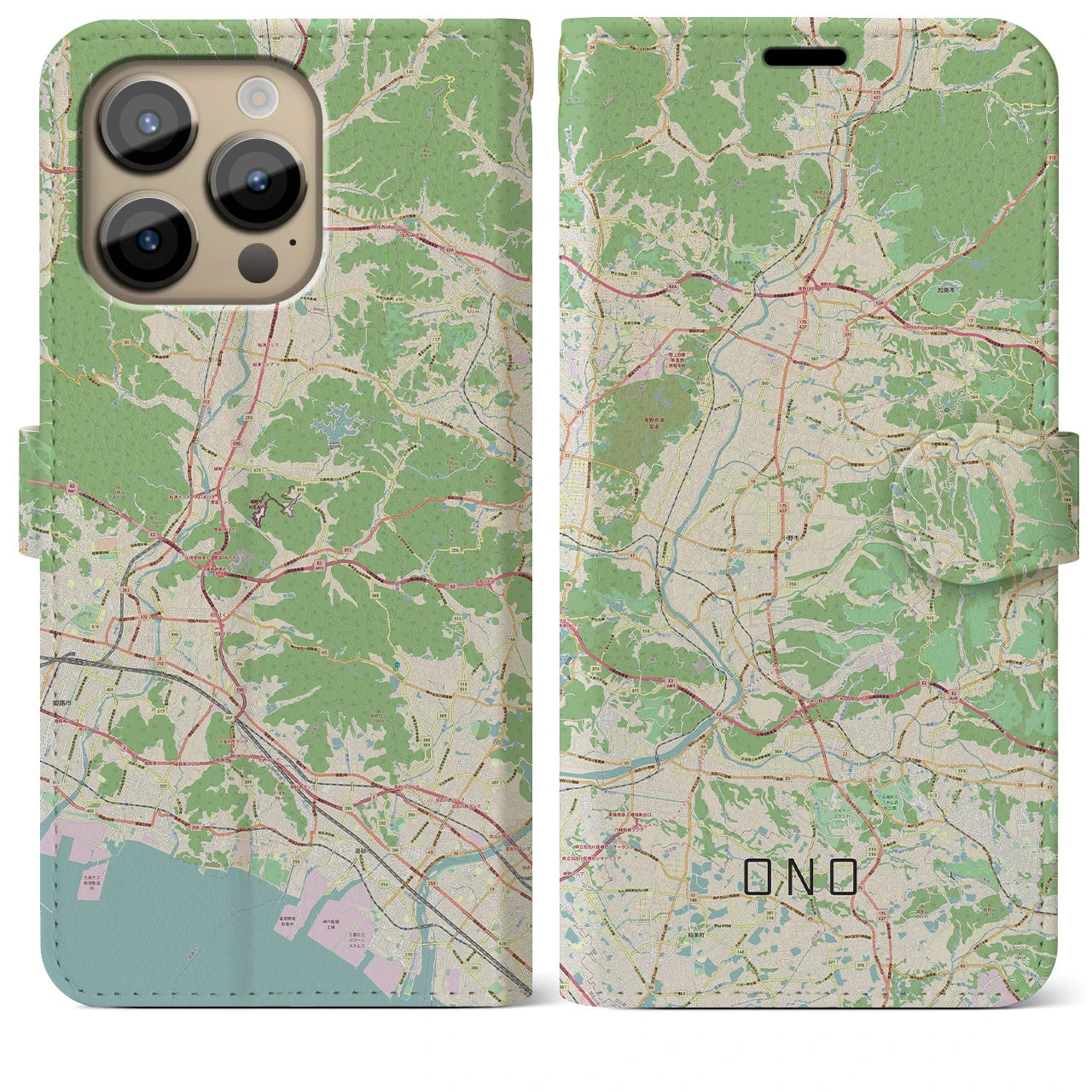 【小野】地図柄iPhoneケース（手帳両面タイプ・ナチュラル）iPhone 14 Pro Max 用