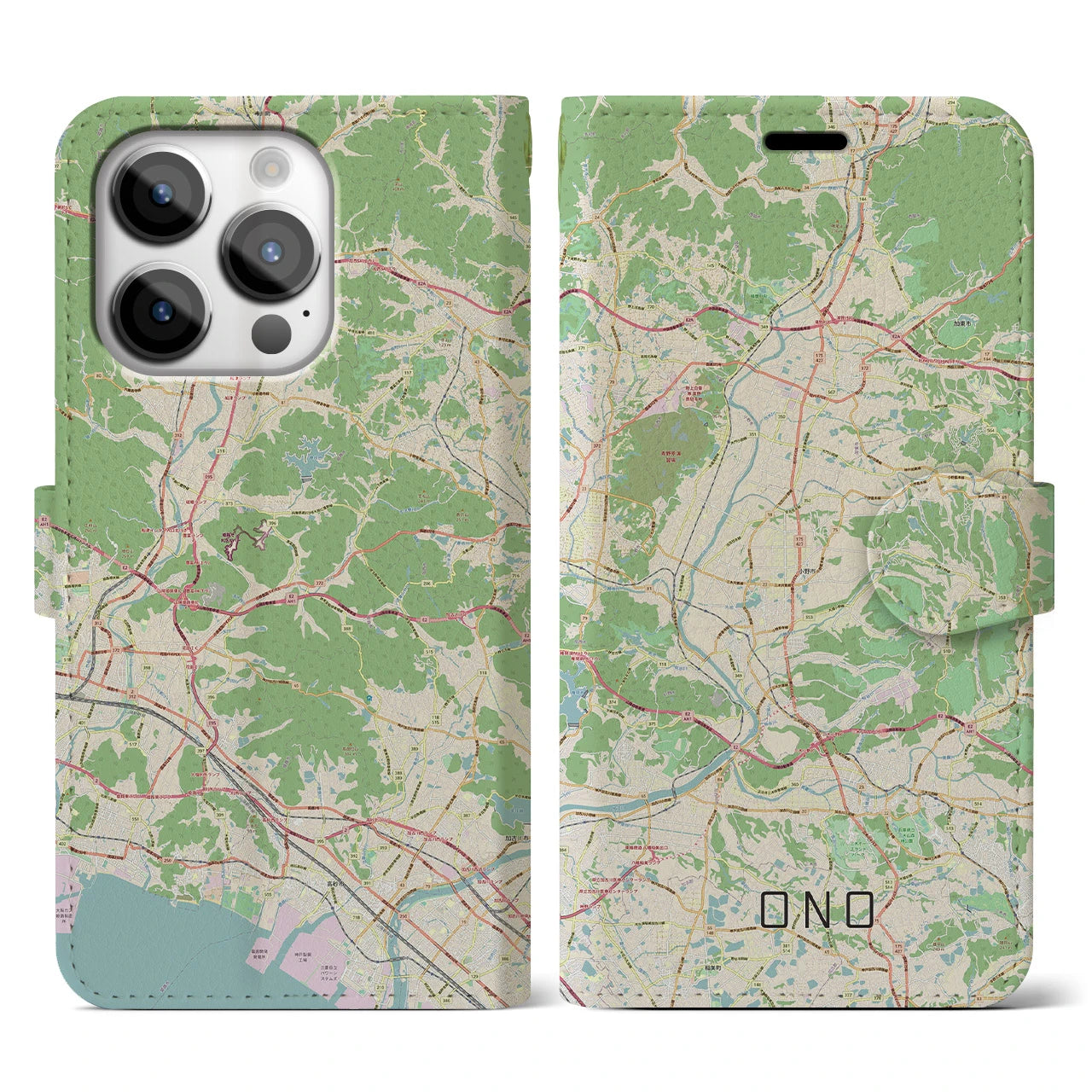 【小野】地図柄iPhoneケース（手帳両面タイプ・ナチュラル）iPhone 14 Pro 用