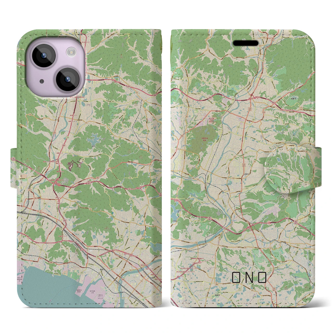 【小野】地図柄iPhoneケース（手帳両面タイプ・ナチュラル）iPhone 14 用