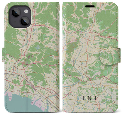【小野（兵庫県）】地図柄iPhoneケース（手帳タイプ）ナチュラル・iPhone 14 Plus 用