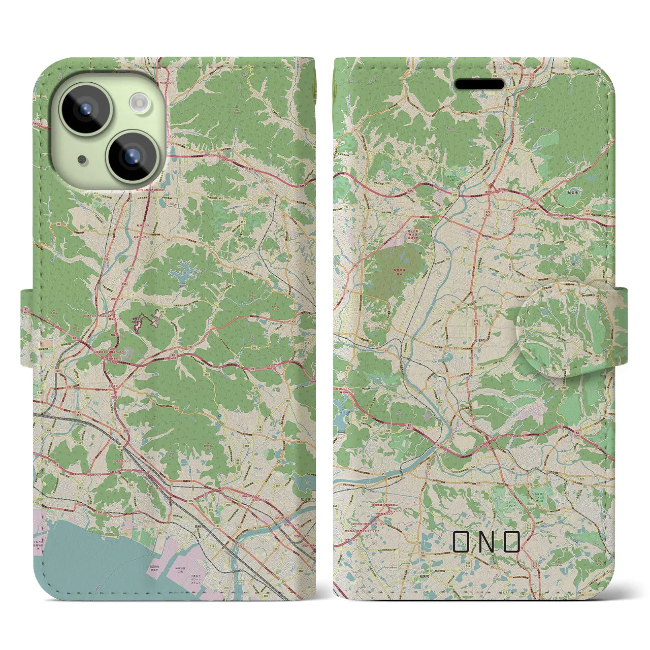 【小野】地図柄iPhoneケース（手帳両面タイプ・ナチュラル）iPhone 15 用