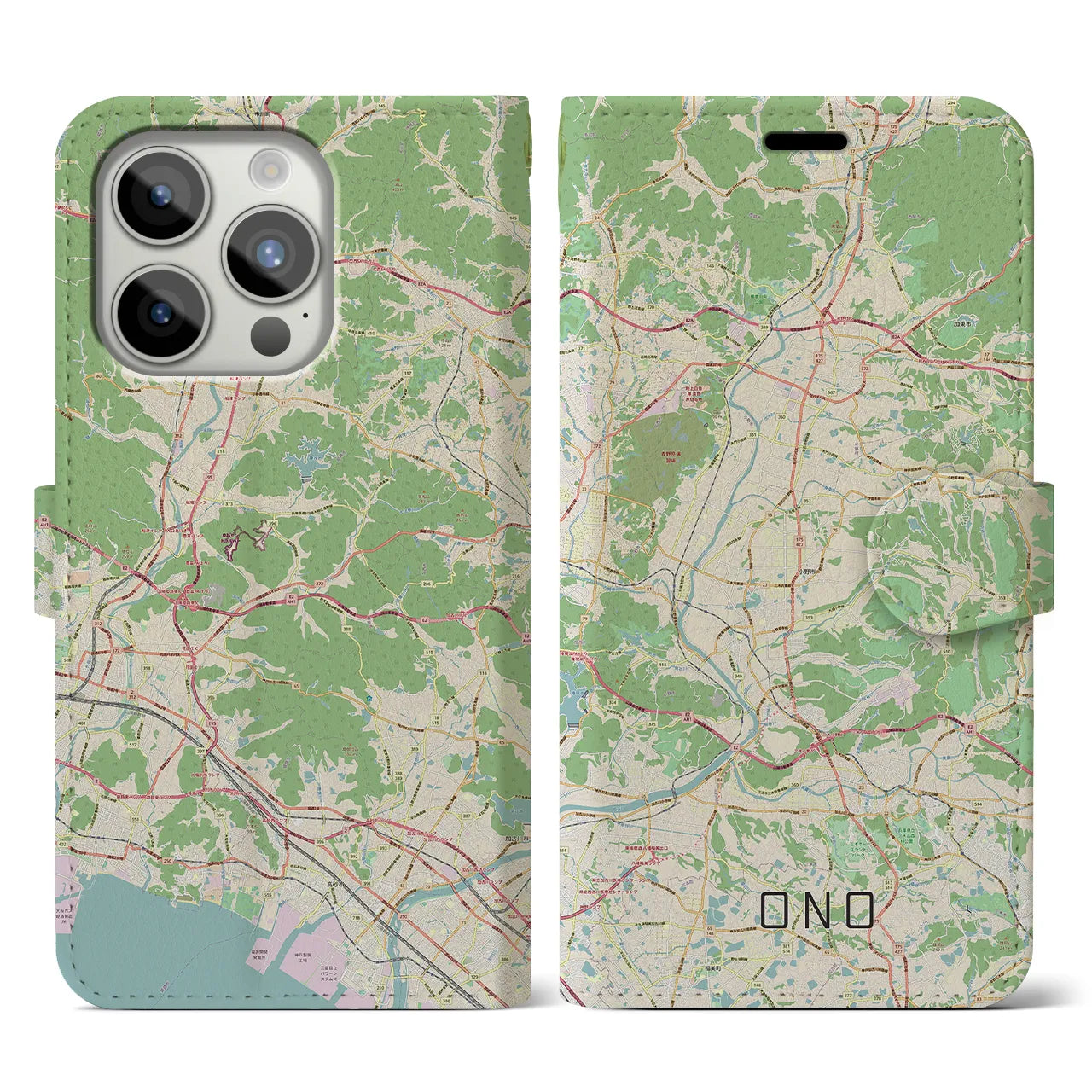 【小野】地図柄iPhoneケース（手帳両面タイプ・ナチュラル）iPhone 15 Pro 用