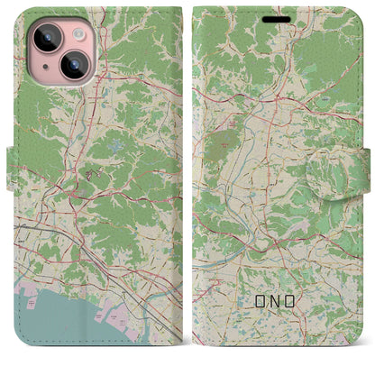 【小野（兵庫県）】地図柄iPhoneケース（手帳タイプ）ナチュラル・iPhone 15 Plus 用