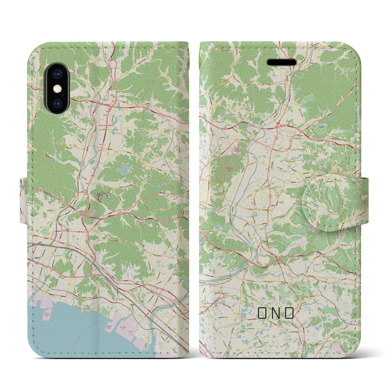 【小野】地図柄iPhoneケース（手帳両面タイプ・ナチュラル）iPhone XS / X 用