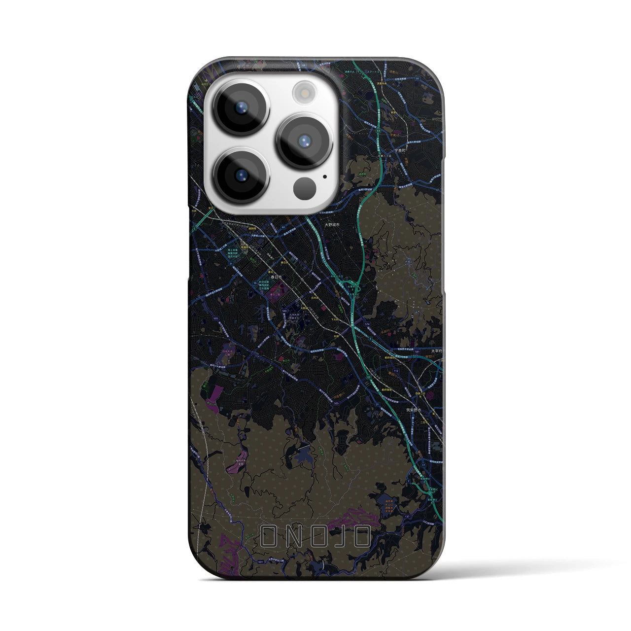 【大野城】地図柄iPhoneケース（バックカバータイプ・ブラック）iPhone 14 Pro 用