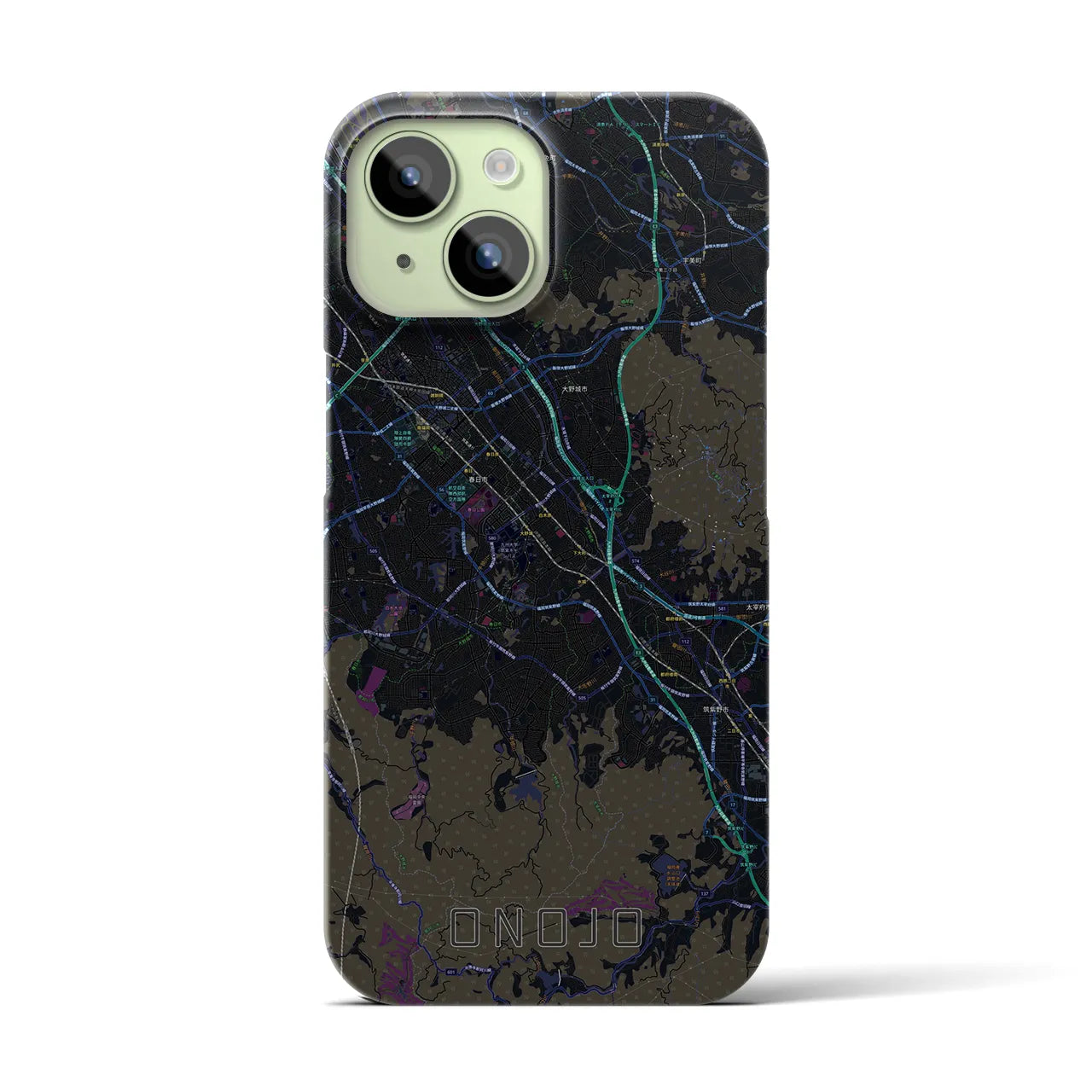 【大野城】地図柄iPhoneケース（バックカバータイプ・ブラック）iPhone 15 用