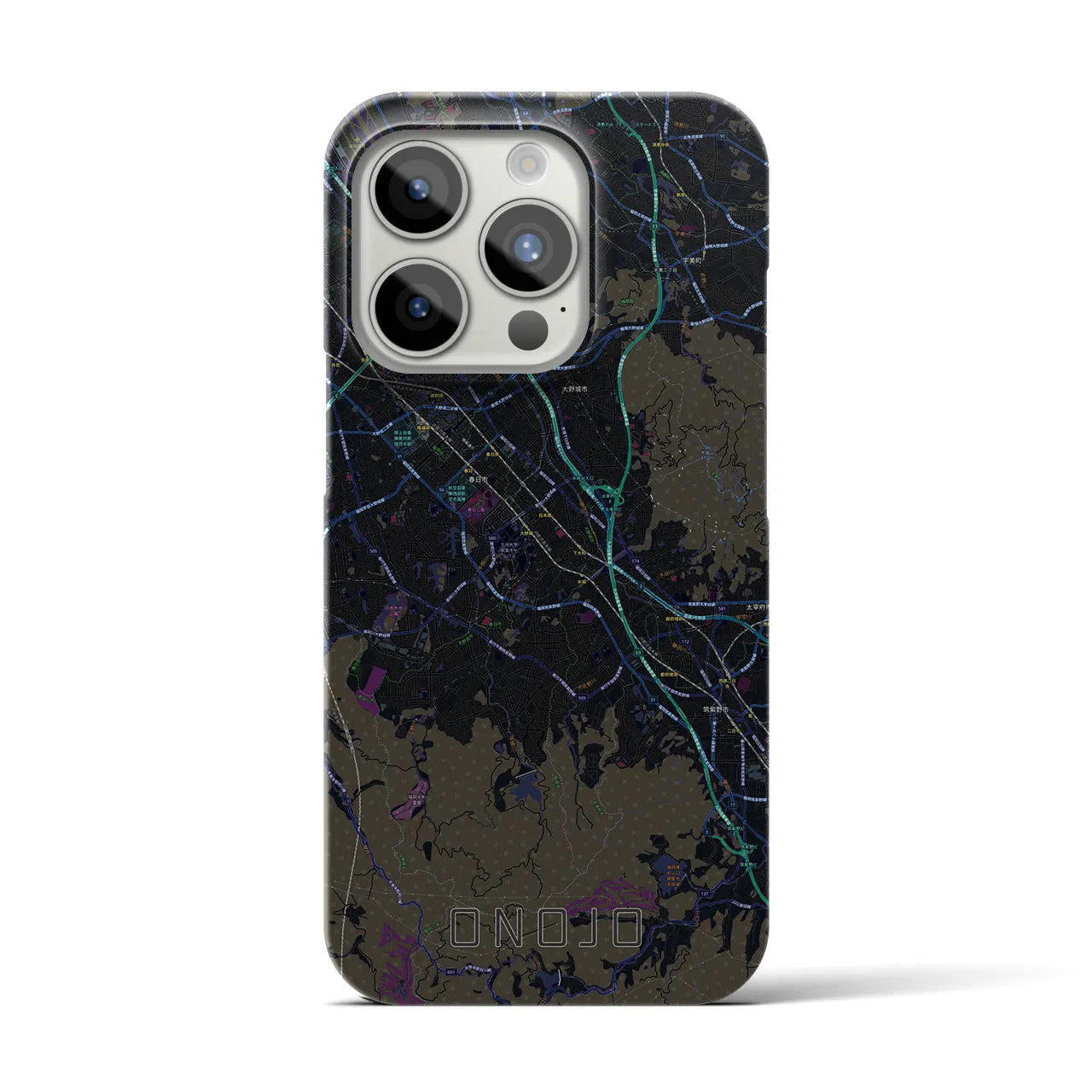 【大野城】地図柄iPhoneケース（バックカバータイプ・ブラック）iPhone 15 Pro 用