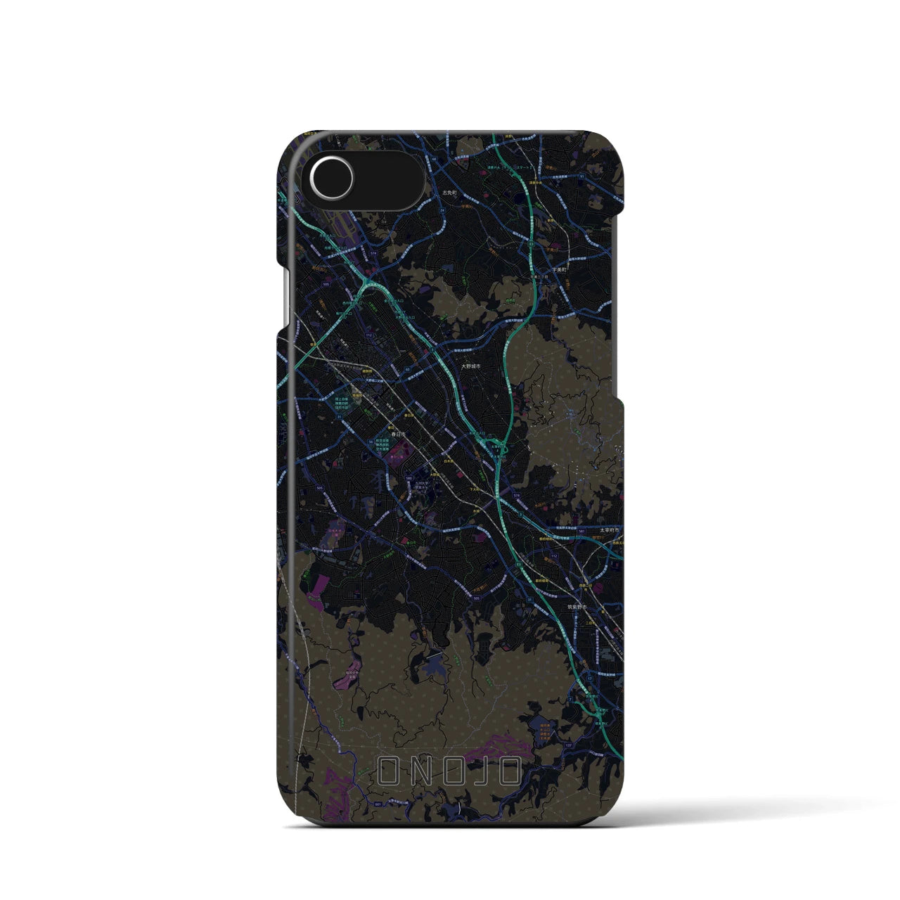 【大野城】地図柄iPhoneケース（バックカバータイプ・ブラック）iPhone SE（第3 / 第2世代） / 8 / 7 / 6s / 6 用