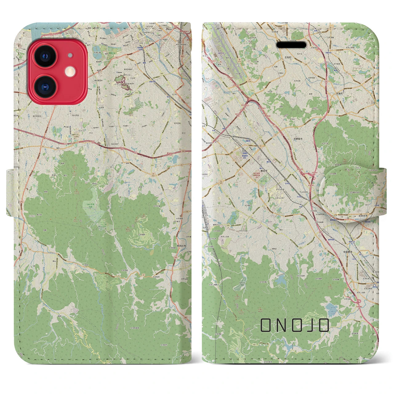 【大野城】地図柄iPhoneケース（手帳両面タイプ・ナチュラル）iPhone 11 用