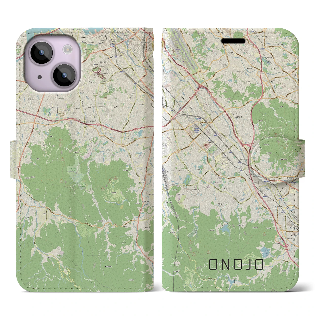 【大野城】地図柄iPhoneケース（手帳両面タイプ・ナチュラル）iPhone 14 用