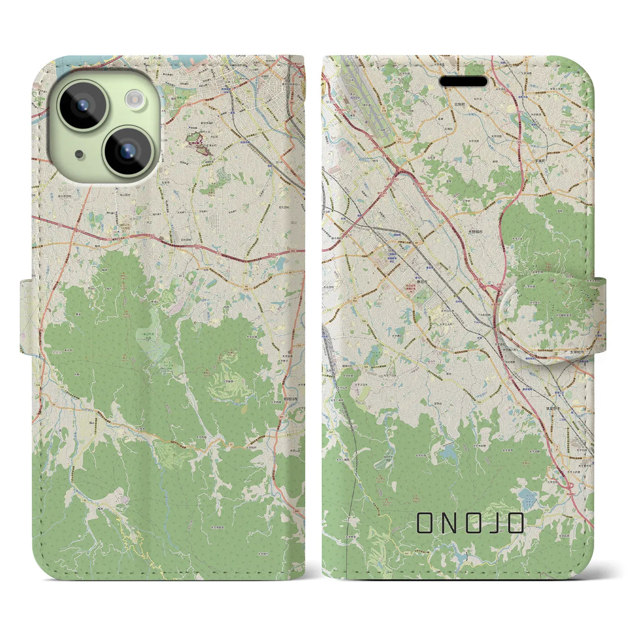 【大野城】地図柄iPhoneケース（手帳両面タイプ・ナチュラル）iPhone 15 用