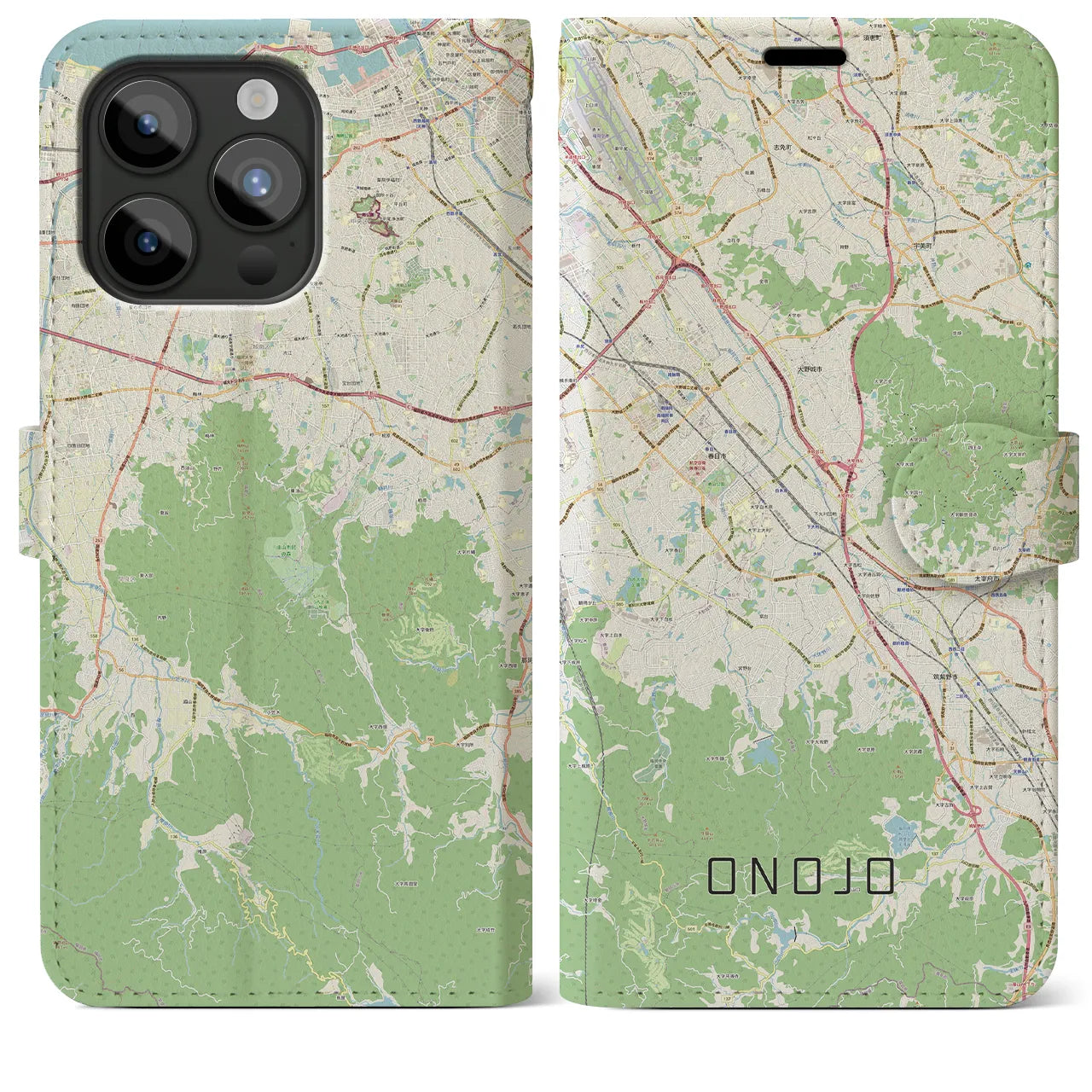 【大野城】地図柄iPhoneケース（手帳両面タイプ・ナチュラル）iPhone 15 Pro Max 用