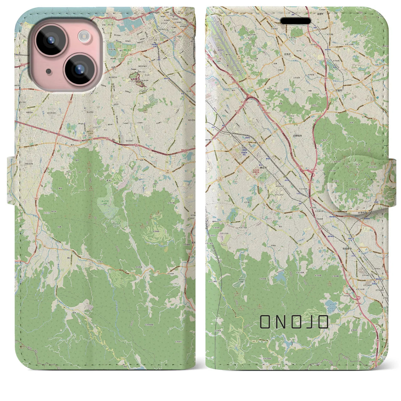 【大野城】地図柄iPhoneケース（手帳両面タイプ・ナチュラル）iPhone 15 Plus 用