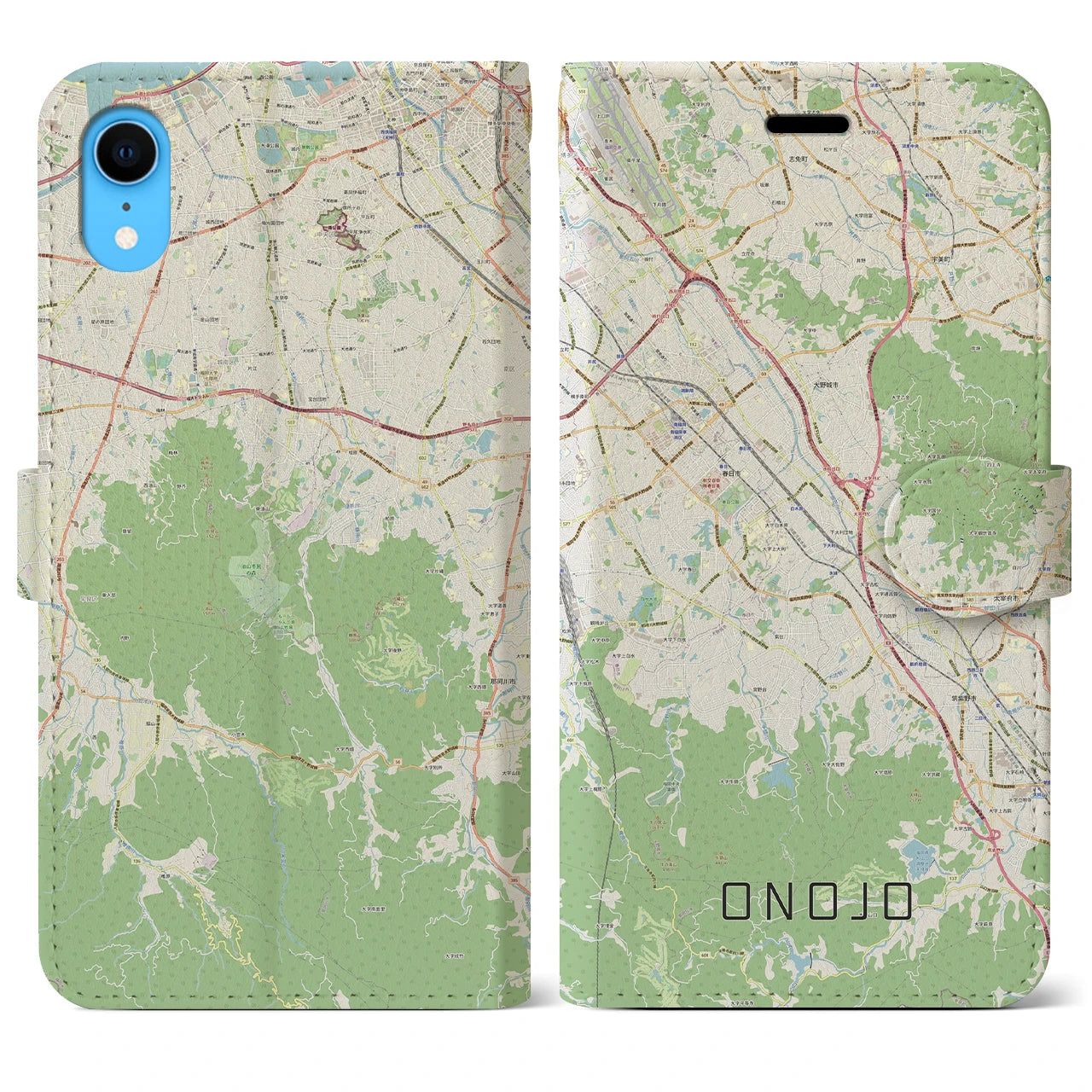 【大野城】地図柄iPhoneケース（手帳両面タイプ・ナチュラル）iPhone XR 用