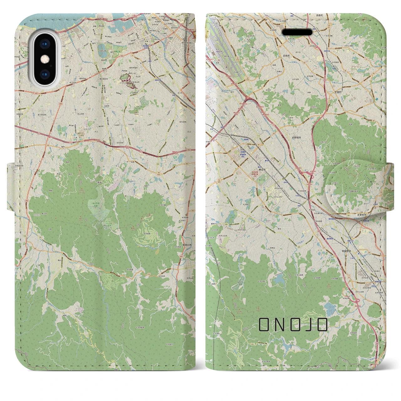 【大野城】地図柄iPhoneケース（手帳両面タイプ・ナチュラル）iPhone XS Max 用