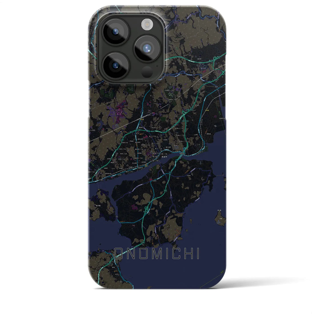 【尾道】地図柄iPhoneケース（バックカバータイプ・ブラック）iPhone 15 Pro Max 用