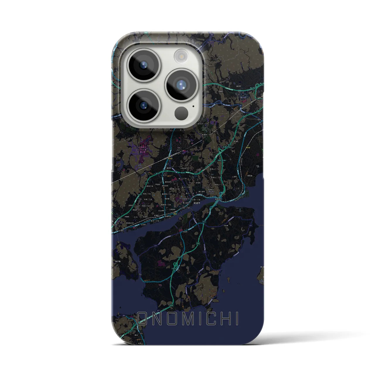 【尾道】地図柄iPhoneケース（バックカバータイプ・ブラック）iPhone 15 Pro 用