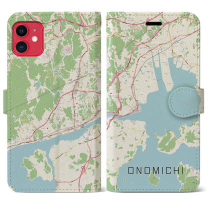 【尾道（広島県）】地図柄iPhoneケース（手帳タイプ）ナチュラル・iPhone 11 用