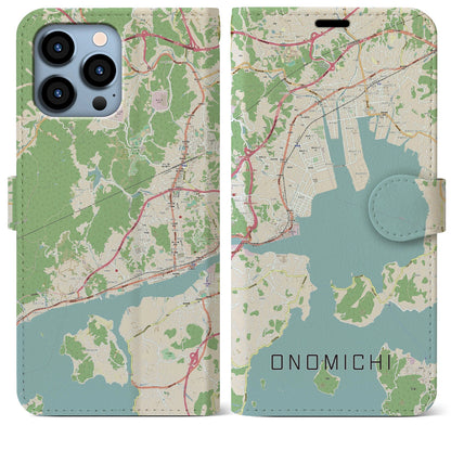 【尾道（広島県）】地図柄iPhoneケース（手帳タイプ）ナチュラル・iPhone 13 Pro Max 用