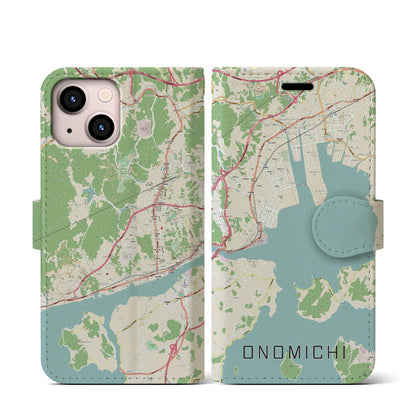 【尾道（広島県）】地図柄iPhoneケース（手帳タイプ）ナチュラル・iPhone 13 mini 用