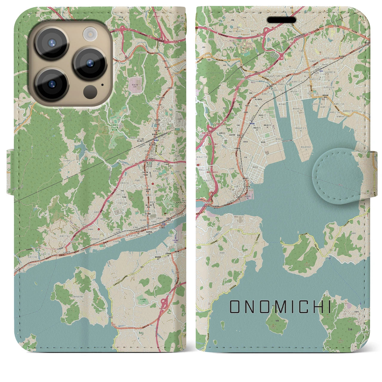 【尾道】地図柄iPhoneケース（手帳両面タイプ・ナチュラル）iPhone 14 Pro Max 用