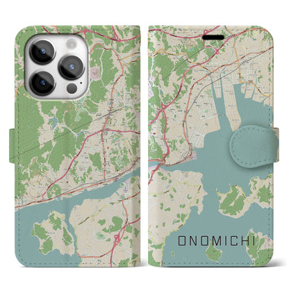 【尾道（広島県）】地図柄iPhoneケース（手帳タイプ）ナチュラル・iPhone 14 Pro 用