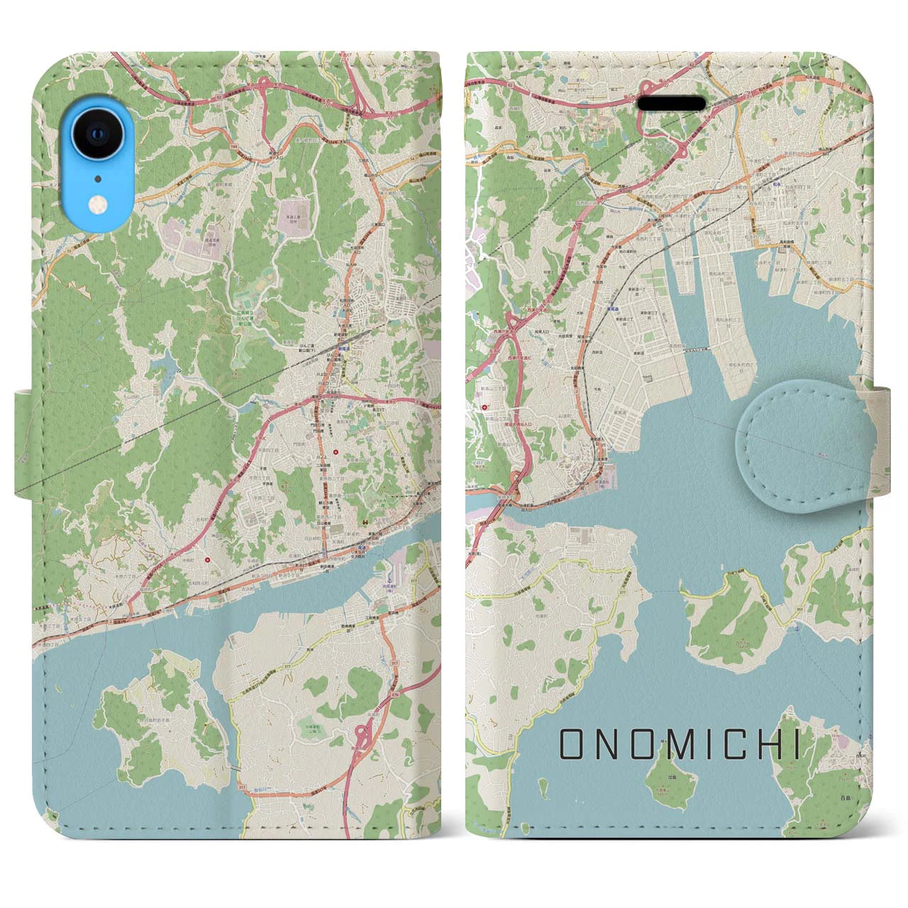 【尾道】地図柄iPhoneケース（手帳両面タイプ・ナチュラル）iPhone XR 用