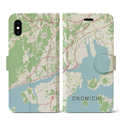 【尾道（広島県）】地図柄iPhoneケース（手帳タイプ）ナチュラル・iPhone XS / X 用