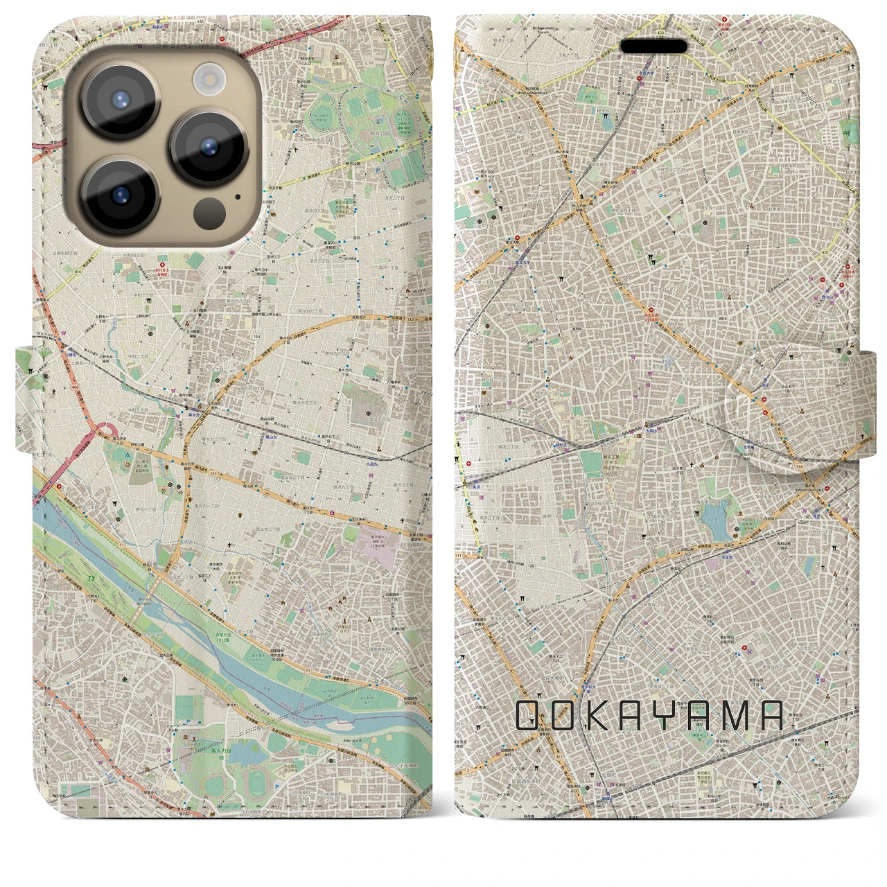 【大岡山】地図柄iPhoneケース（手帳両面タイプ・ナチュラル）iPhone 14 Pro Max 用
