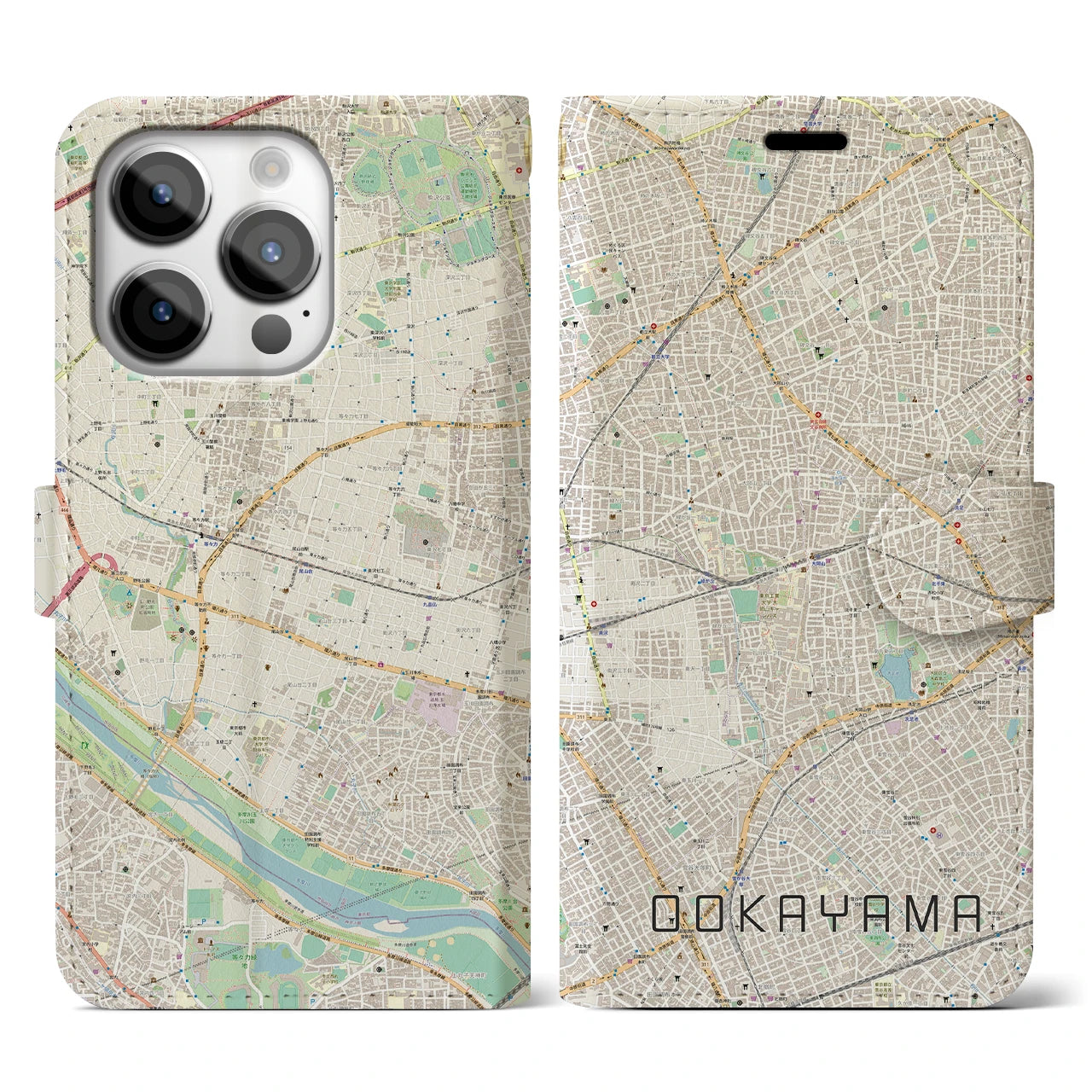 【大岡山】地図柄iPhoneケース（手帳両面タイプ・ナチュラル）iPhone 14 Pro 用