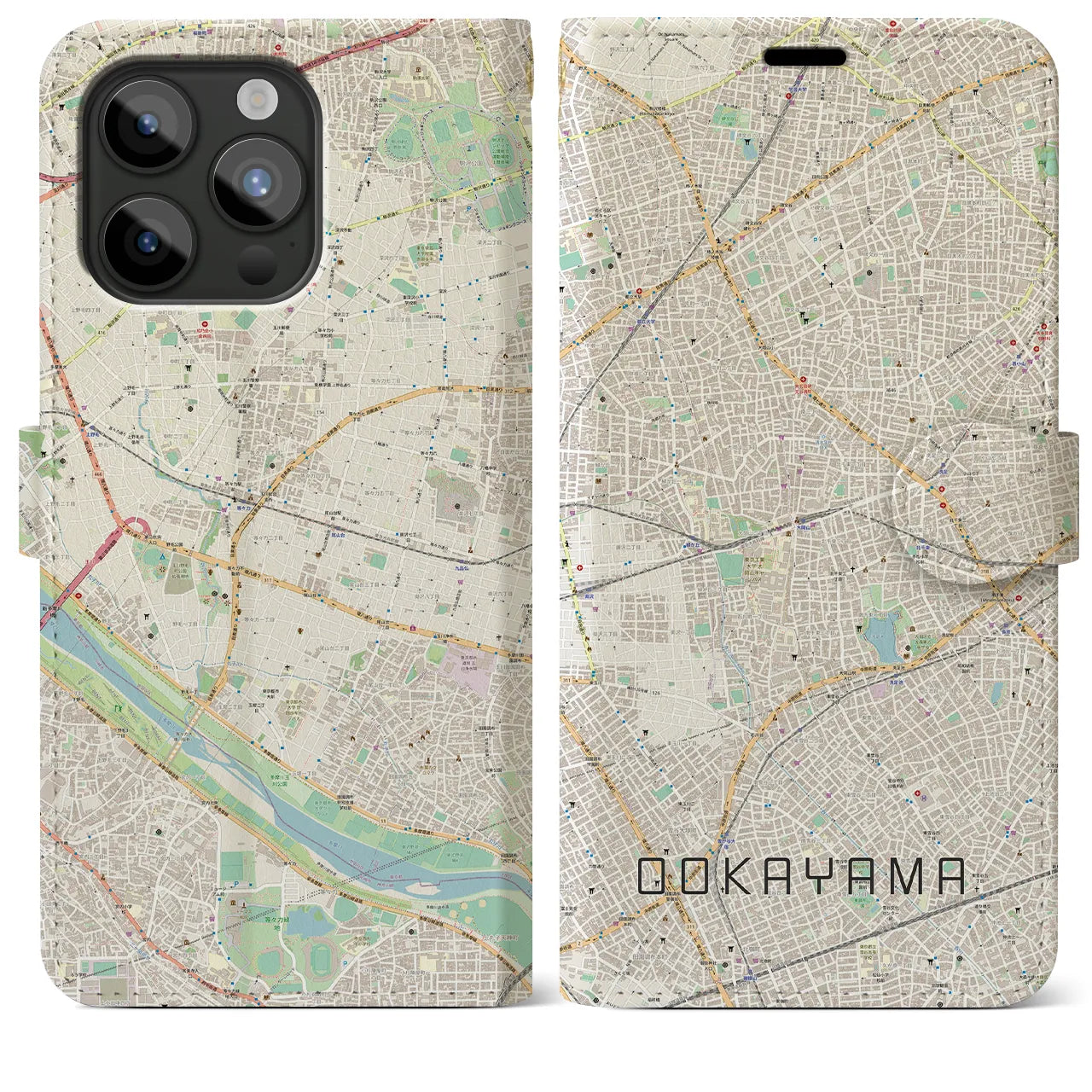 【大岡山】地図柄iPhoneケース（手帳両面タイプ・ナチュラル）iPhone 15 Pro Max 用