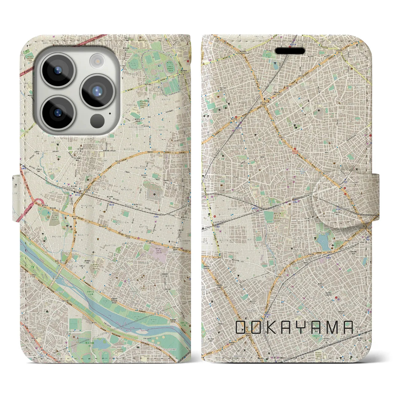 【大岡山】地図柄iPhoneケース（手帳両面タイプ・ナチュラル）iPhone 15 Pro 用
