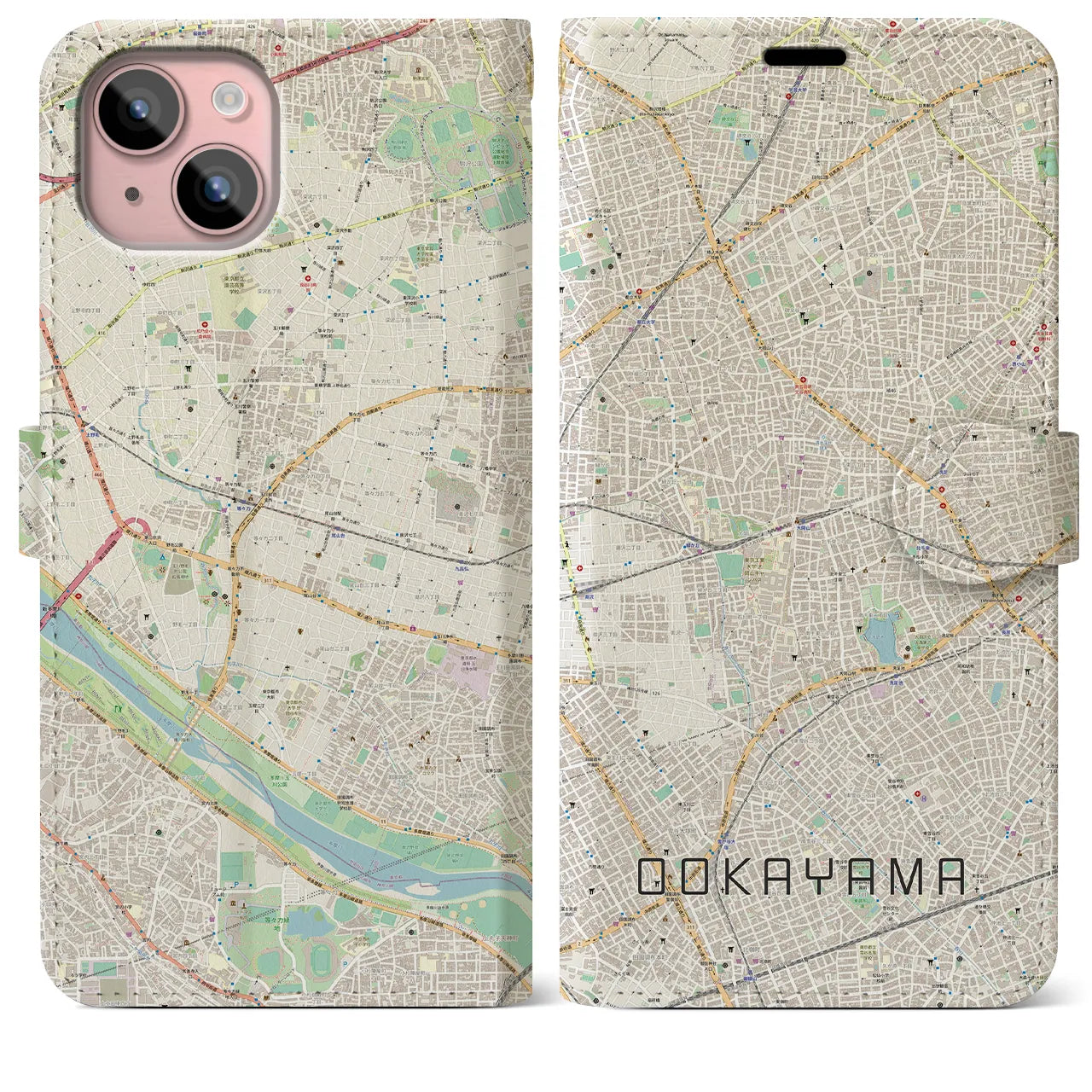 【大岡山】地図柄iPhoneケース（手帳両面タイプ・ナチュラル）iPhone 15 Plus 用