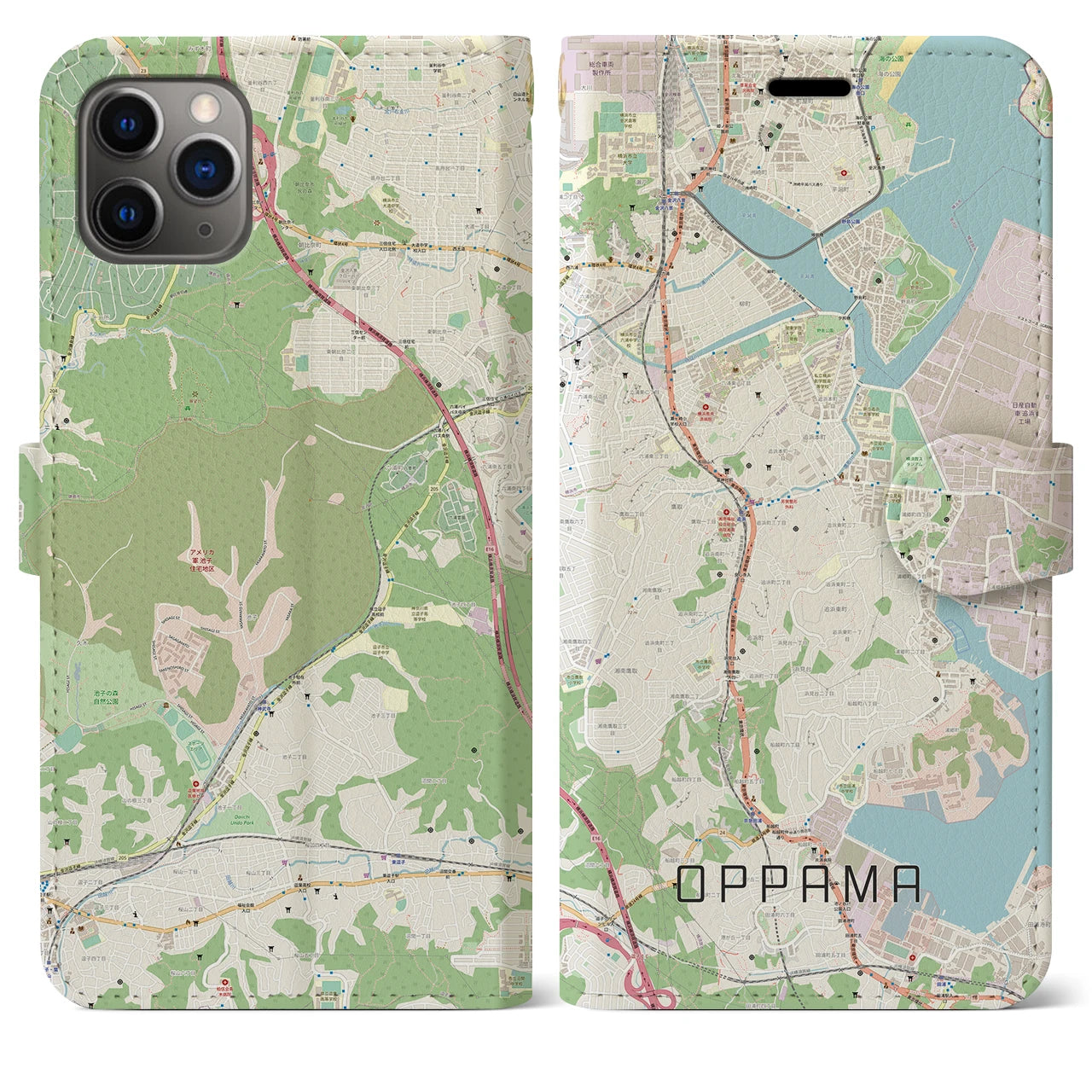 【追浜】地図柄iPhoneケース（手帳両面タイプ・ナチュラル）iPhone 11 Pro Max 用