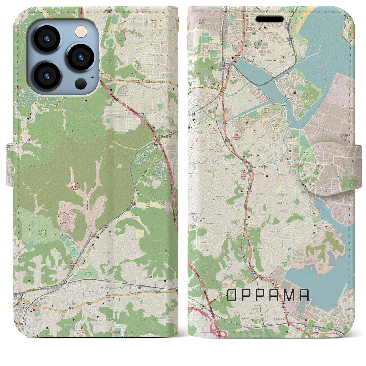 【追浜】地図柄iPhoneケース（手帳両面タイプ・ナチュラル）iPhone 13 Pro Max 用