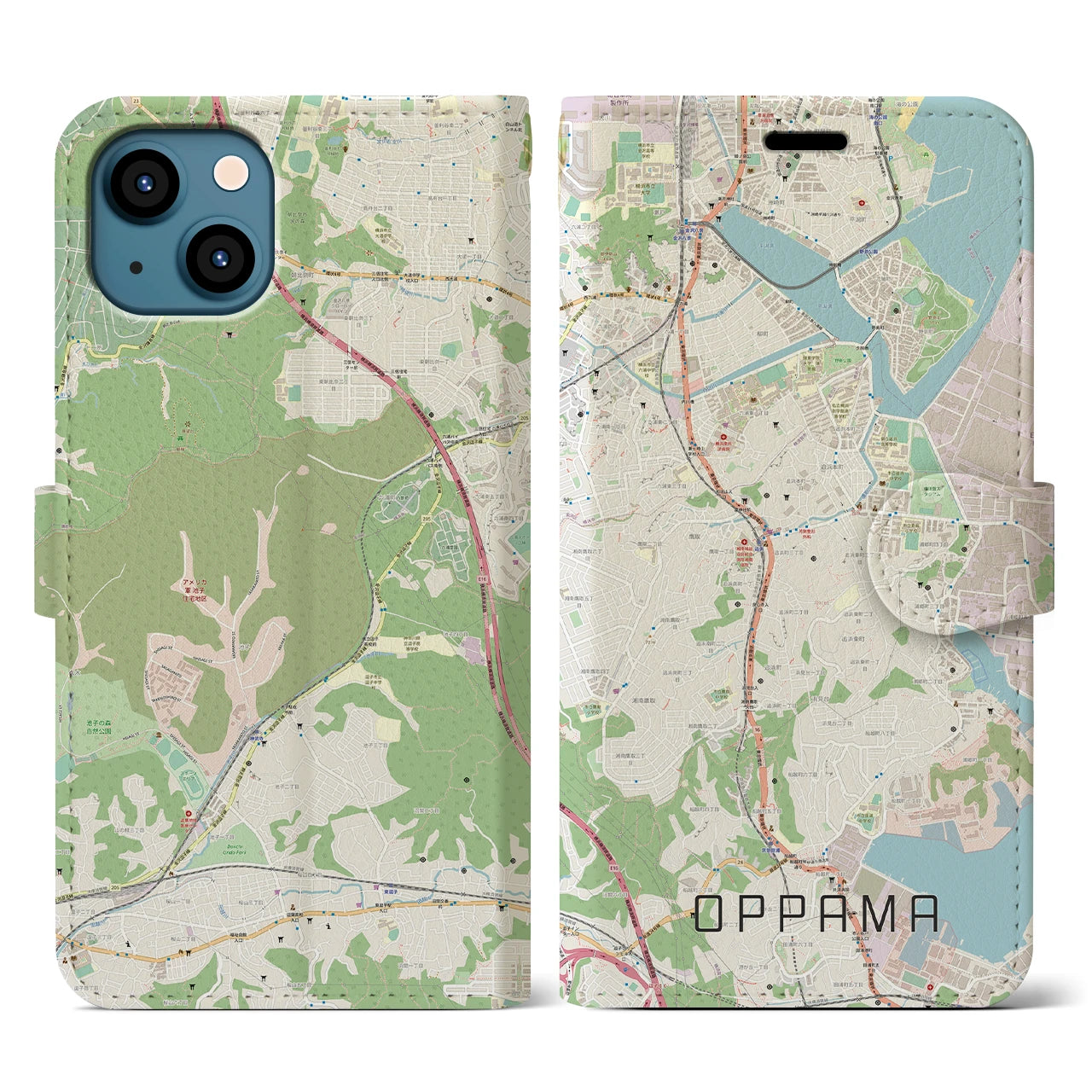 【追浜】地図柄iPhoneケース（手帳両面タイプ・ナチュラル）iPhone 13 用