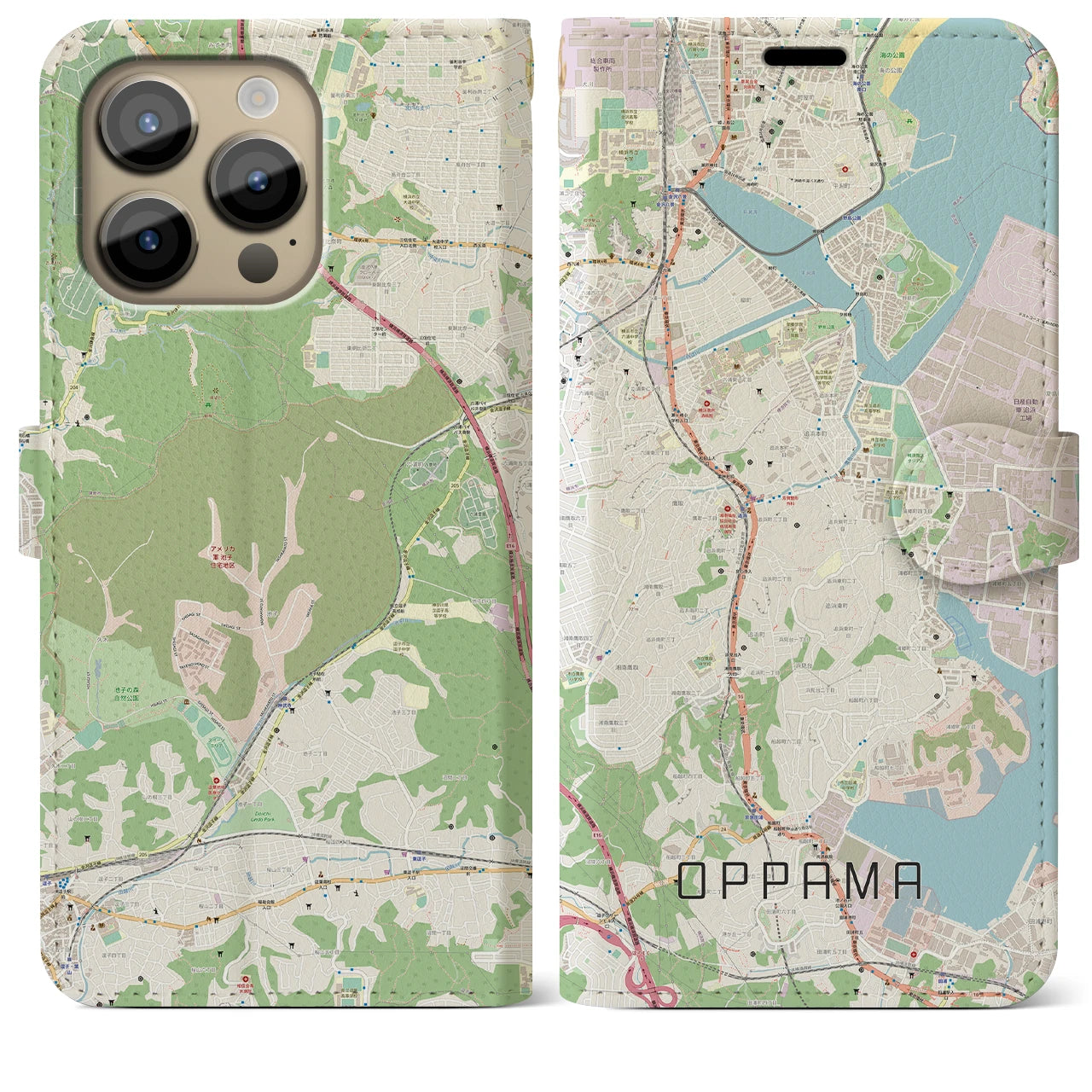 【追浜】地図柄iPhoneケース（手帳両面タイプ・ナチュラル）iPhone 14 Pro Max 用