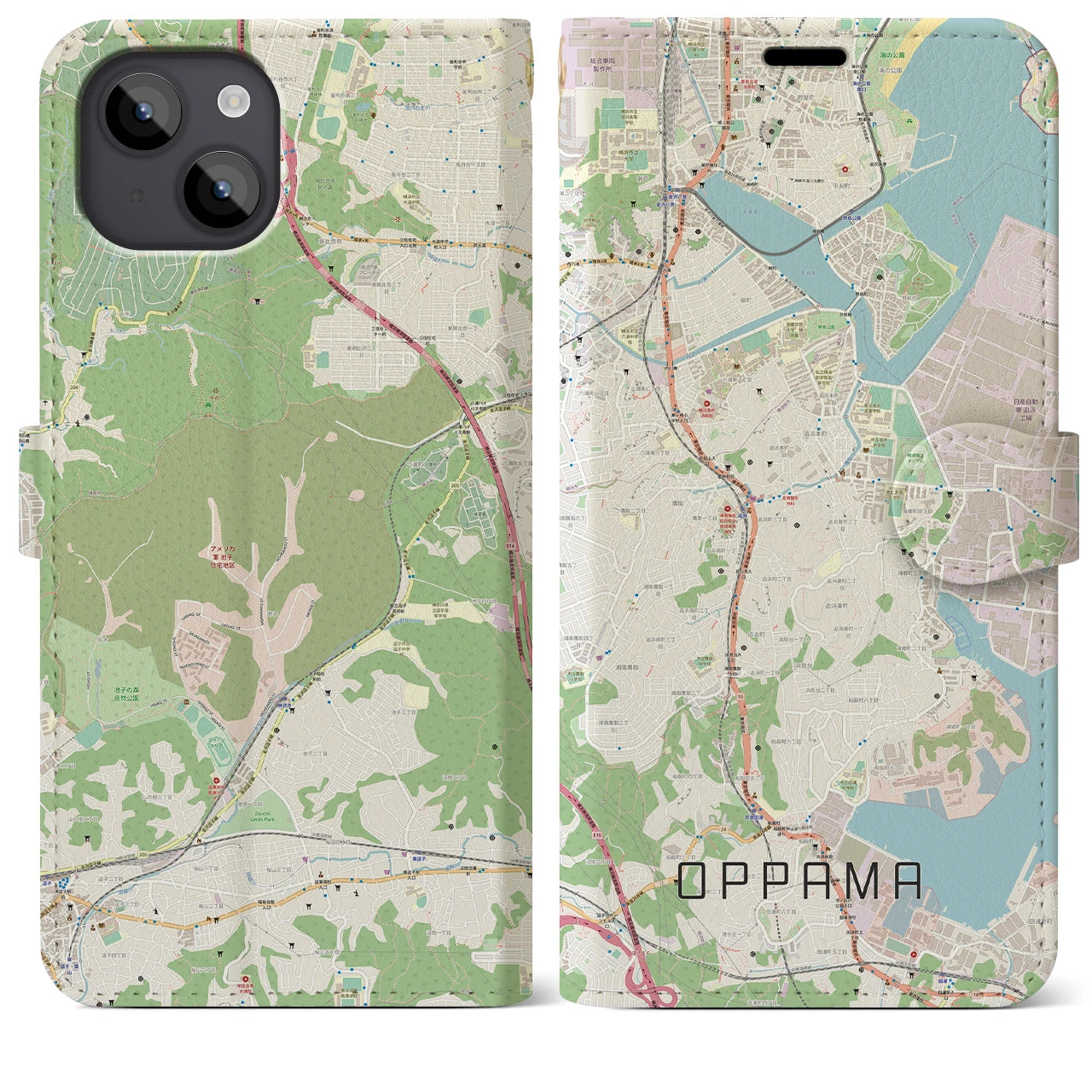 【追浜】地図柄iPhoneケース（手帳両面タイプ・ナチュラル）iPhone 14 Plus 用