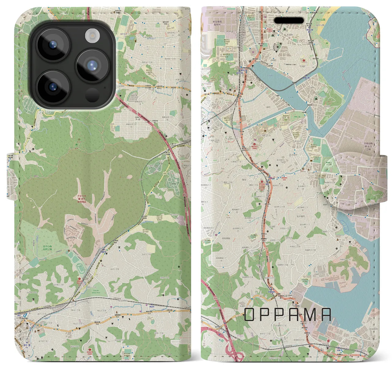 【追浜】地図柄iPhoneケース（手帳両面タイプ・ナチュラル）iPhone 15 Pro Max 用