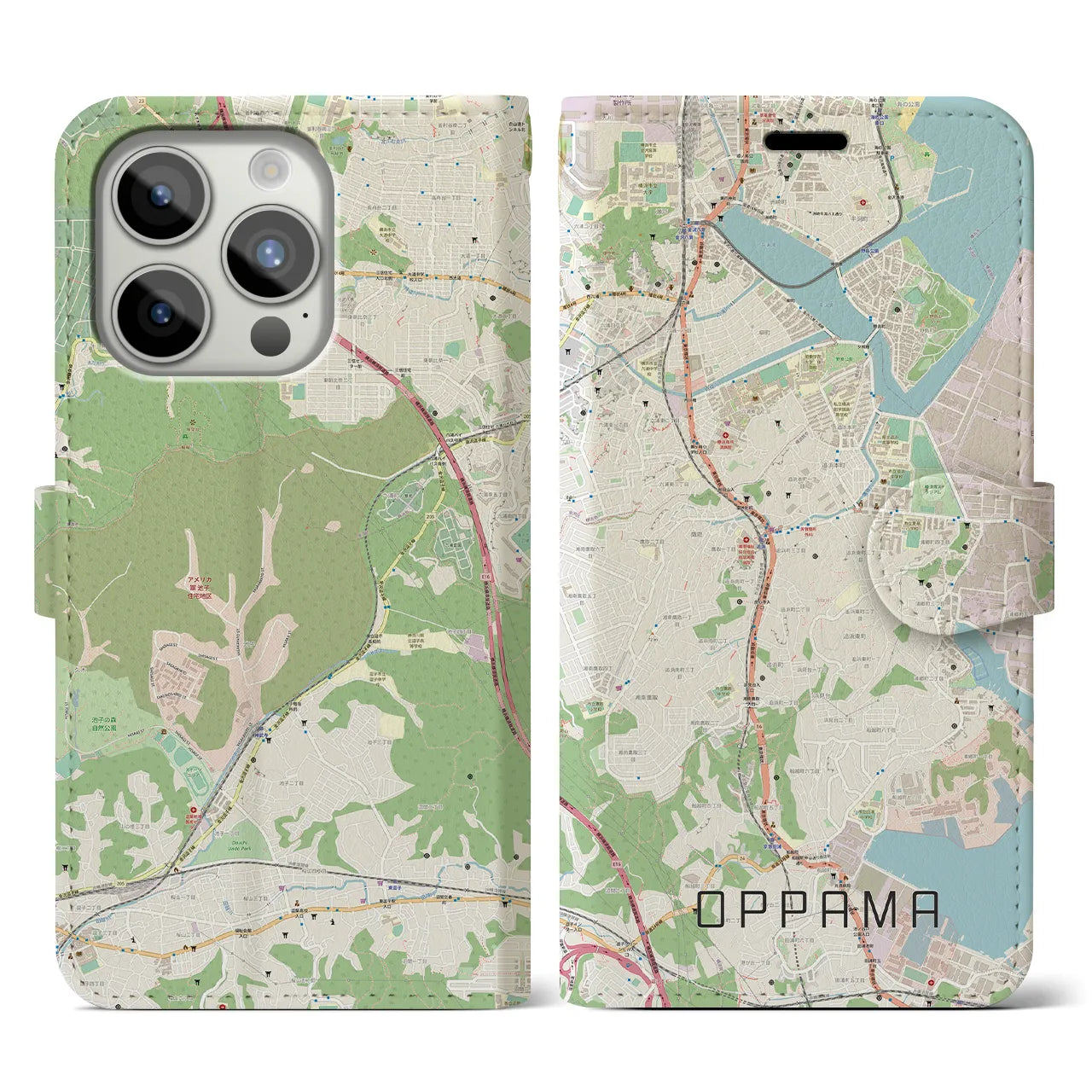 【追浜】地図柄iPhoneケース（手帳両面タイプ・ナチュラル）iPhone 15 Pro 用