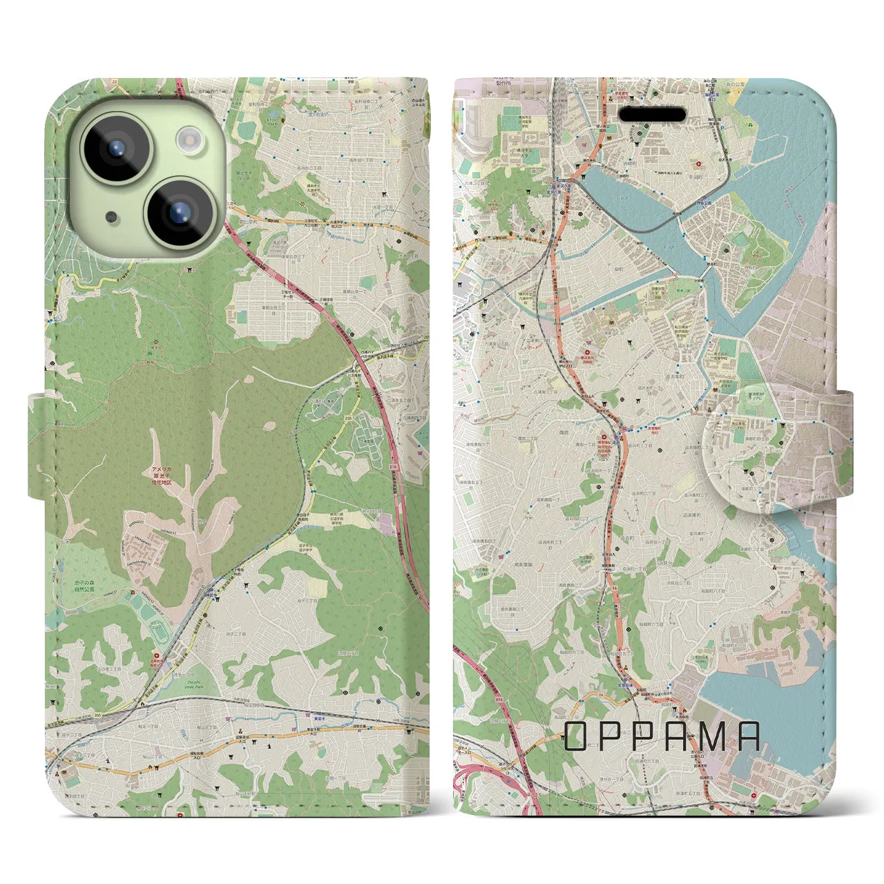 【追浜】地図柄iPhoneケース（手帳両面タイプ・ナチュラル）iPhone 15 用