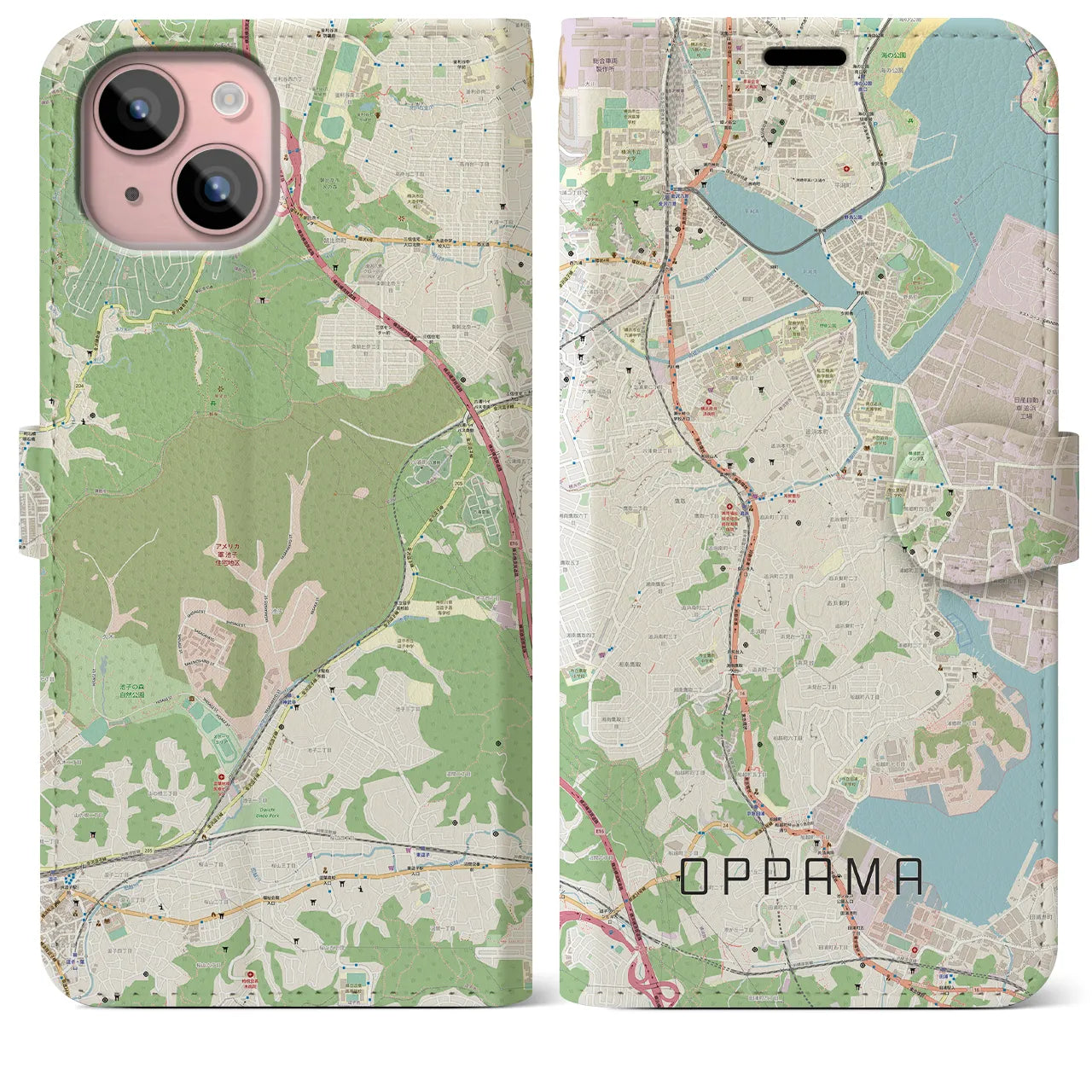 【追浜】地図柄iPhoneケース（手帳両面タイプ・ナチュラル）iPhone 15 Plus 用