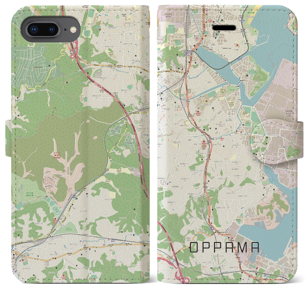 【追浜】地図柄iPhoneケース（手帳両面タイプ・ナチュラル）iPhone 8Plus /7Plus / 6sPlus / 6Plus 用