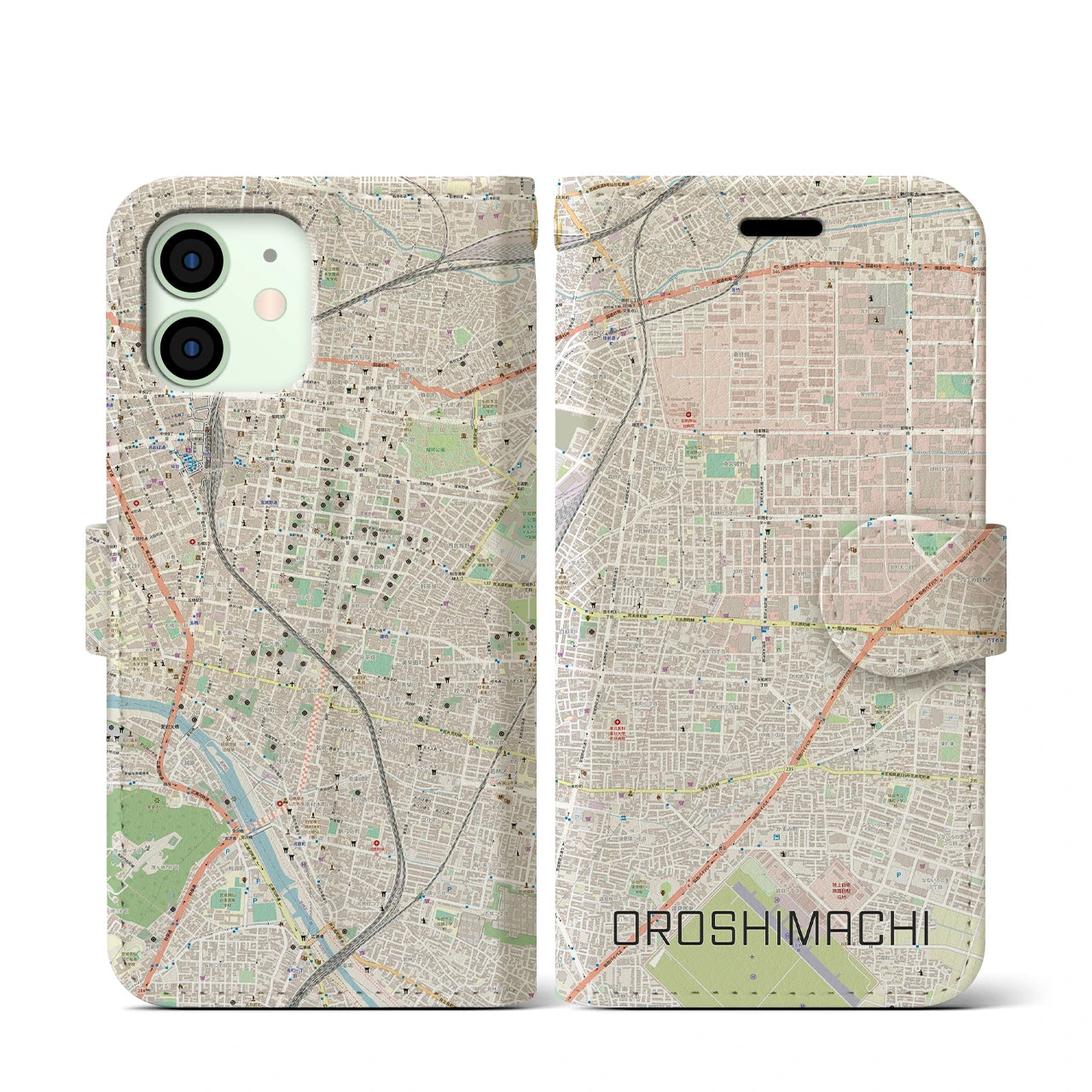 【卸町】地図柄iPhoneケース（手帳両面タイプ・ナチュラル）iPhone 12 mini 用