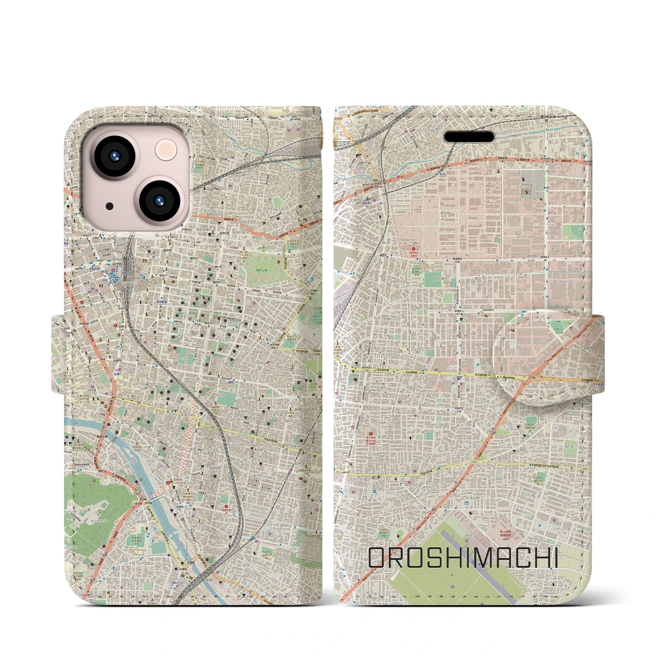 【卸町】地図柄iPhoneケース（手帳両面タイプ・ナチュラル）iPhone 13 mini 用